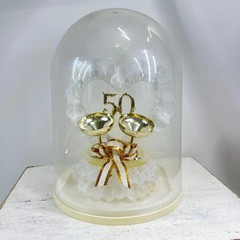 Vintage 50th Wedding Anniversary Cake Topper with Gold Champagne Flutes Ribbons