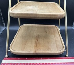 Two Tier Tray Cupcake Holder Display Natural Wood Gold Metal Kitchen Table Decor