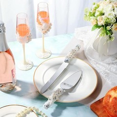 Champagne Flutes Cake Knife Server Set Wedding Gift Pearl Design Toasting New