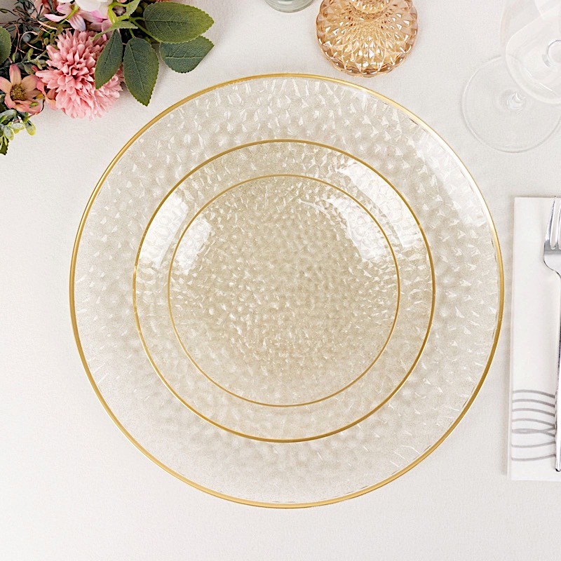 10 Round 9″ CLEAR Hammered Plastic Salad DINNER PLATES Glitter Gold Rim Party