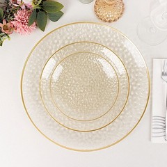 10 Round 9″ CLEAR Hammered Plastic Salad DINNER PLATES Glitter Gold Rim Party