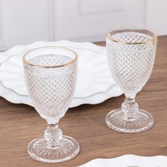 6 pack 8 oz Clear Glass Wine Goblets with Gold Rim and Embossed Diamond Pattern