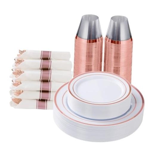 175 Piece Plastic Dinnerware Set for 25 Rose Gold 175 Piece (25 guests)