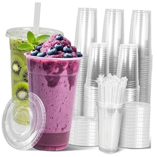32 oz Sets Clear Plastic Cups with Lids and Straws, Sturdy & Food Safe 32oz 50