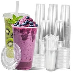 32 oz Sets Clear Plastic Cups with Lids and Straws, Sturdy & Food Safe 32oz 50