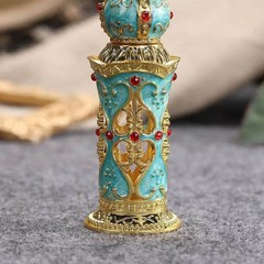 Vintage Enamel Peacock Blue Perfume Bottle Hollow Metal 0.4 Ounces,