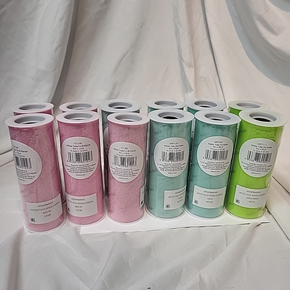 12 Tulle/Tul with 5 pink 6 in x 12yd, 5 Aqua 6 » x 25 yd and 2 Green 6″ x 25 yd