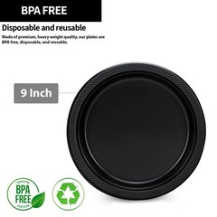 Black Plastic Plates 9 Inch – 50 count – Plastic Solid Round Party Plates For…