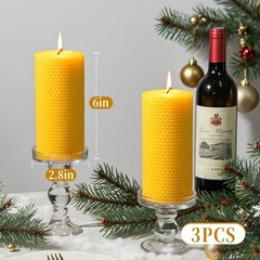 Makalone 3 Pack Natural Beeswax Pillar Candles2.8X6In Handmade Beeswax Rolled