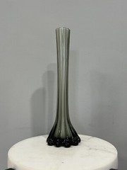 Vtg Smoked Gray White Cased Art Glass Ribbed Funky Unique Tower Vase 12” Tall