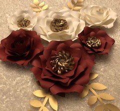 Paper Flowers set of 6 with leaves, Backdrop, Wedding, Nursery, Red, White, Gold