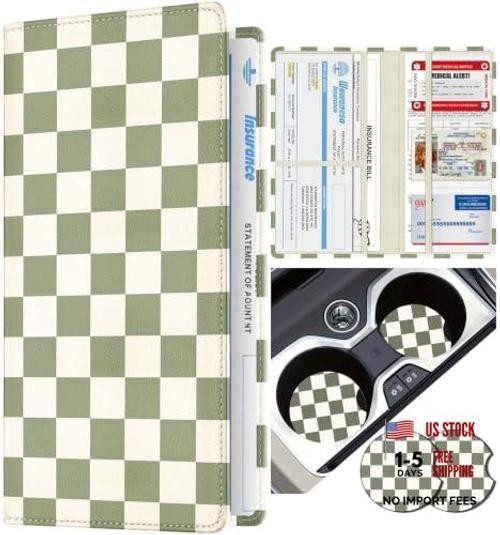 Car Registration and Insurance Holder with Coasters – Vehicle Green Checkered