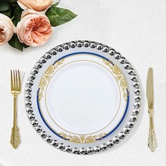 10″ White ROUND PLATES Royal Blue Gold Trim Party Wedding Disposable Tableware