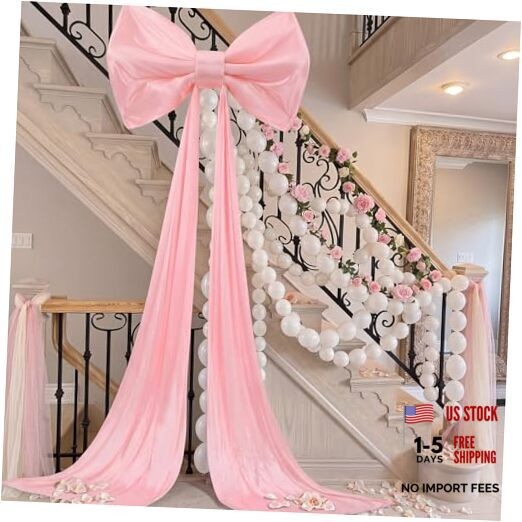 Giant Pink Bow with 100 Pcs White Link Balloons, 31 x 181 Inch Large Ice Silk