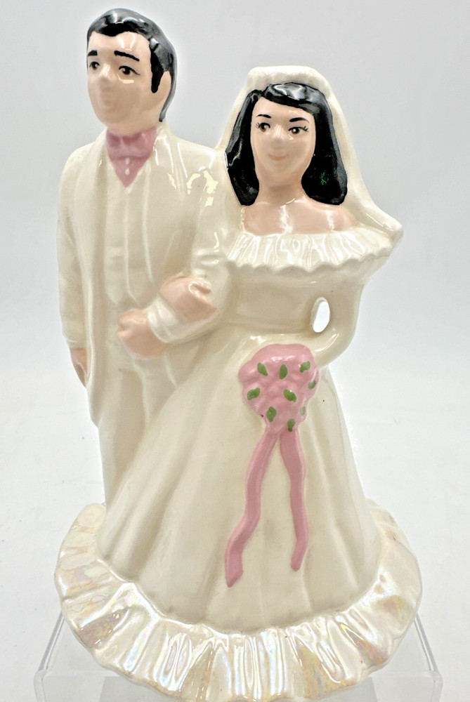 Vtg 1950’s Wedding Cake Topper 7” Bride & Groom Ceramic Iridescent Dress Pink