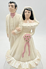 Vtg 1950’s Wedding Cake Topper 7” Bride & Groom Ceramic Iridescent Dress Pink