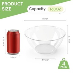 4 Pack Clear Plastic Serving Bowls 160Oz, Large Round Punch Bowls for 4PACK