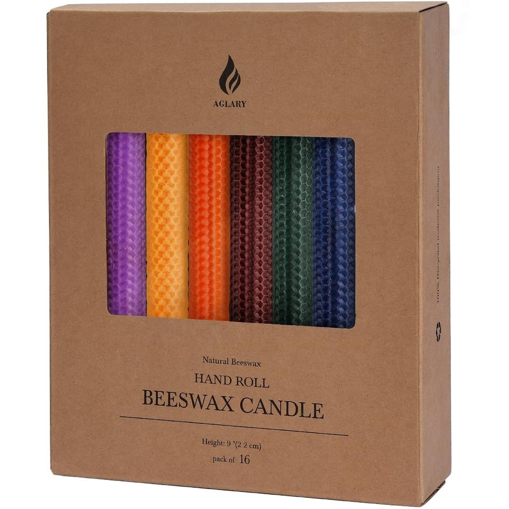 16PCS 9″ Hand-Rolled Beeswax Taper Candles, Real Pure 9 inch, Multicolor