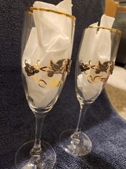 Rawcliffe Bride & Groom Champagne Flutes Pewter Doves Flowers Ribbons Gold