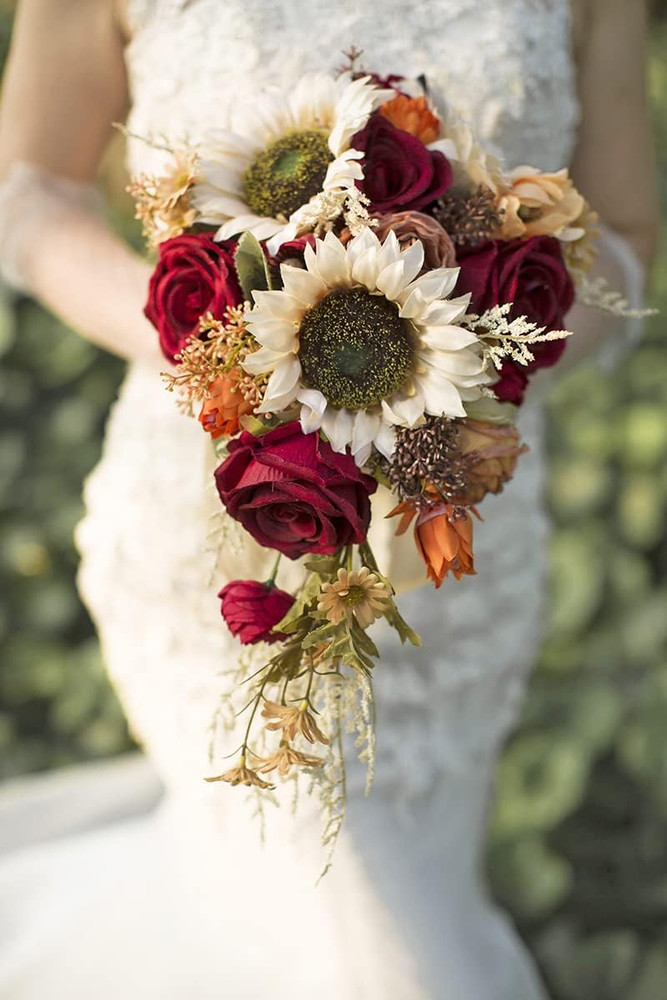 9 Inch Vintage Sunflower Wedding Bouquets for Bride Artificial Burgundy Rose Cas