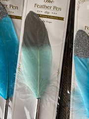 6 Pk Feather Teal & Blue Decorated Ballpoint Pens Black Ink Guest Book Wedding