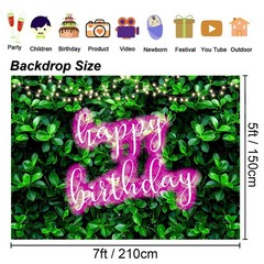 7x5ft Green Leaves Happy Birthday Decoration for Women Shiny Pink Neon Sign P…