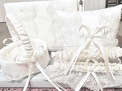 VICTORIA LYNN WHITE LACE 5 pc BRIDAL SET – GUEST BOOK, BASKET, PILLOW, 2 GARTERS