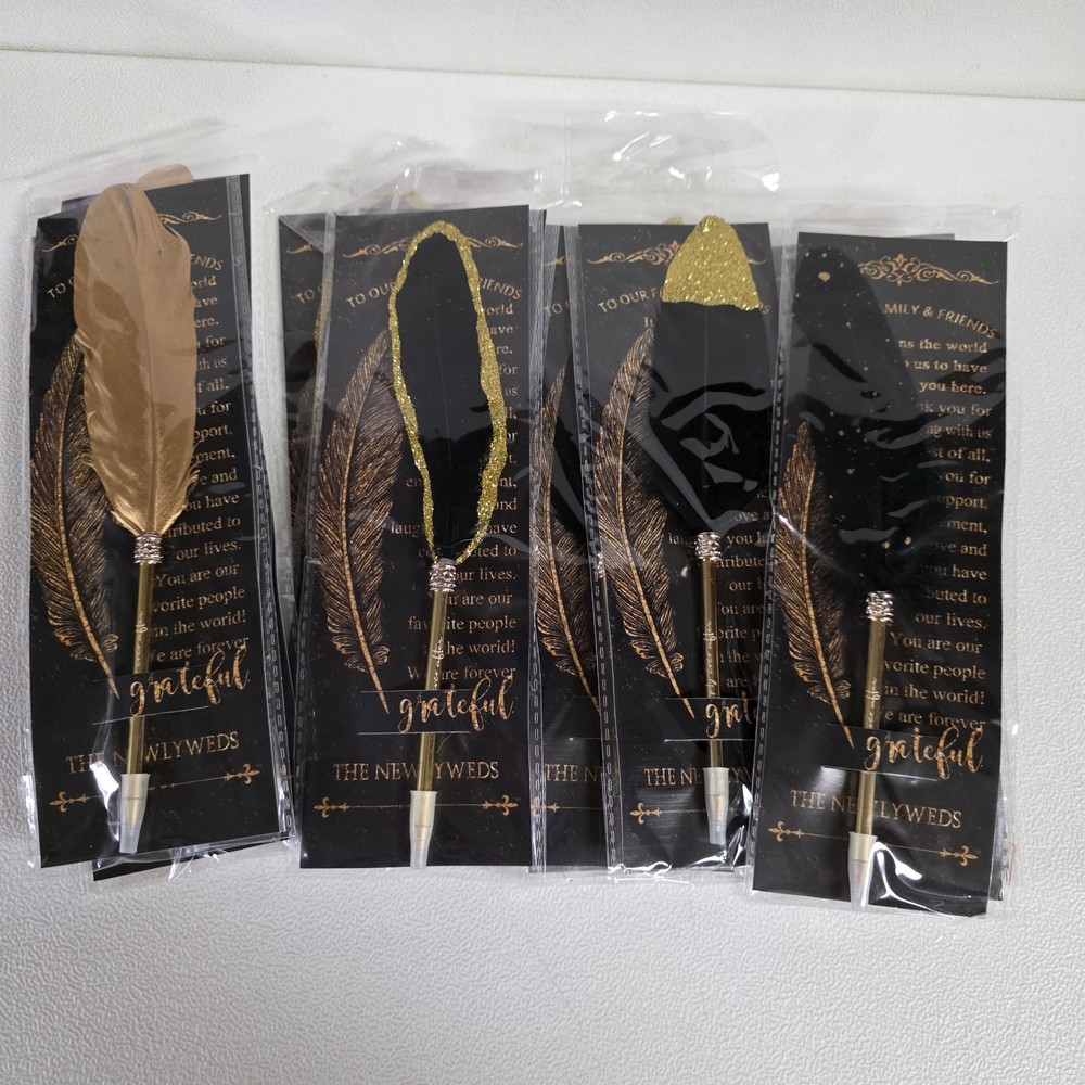 12 Feather Pen Wedding Favors Quill Ballpoint Pens Gold Happy Ever After To