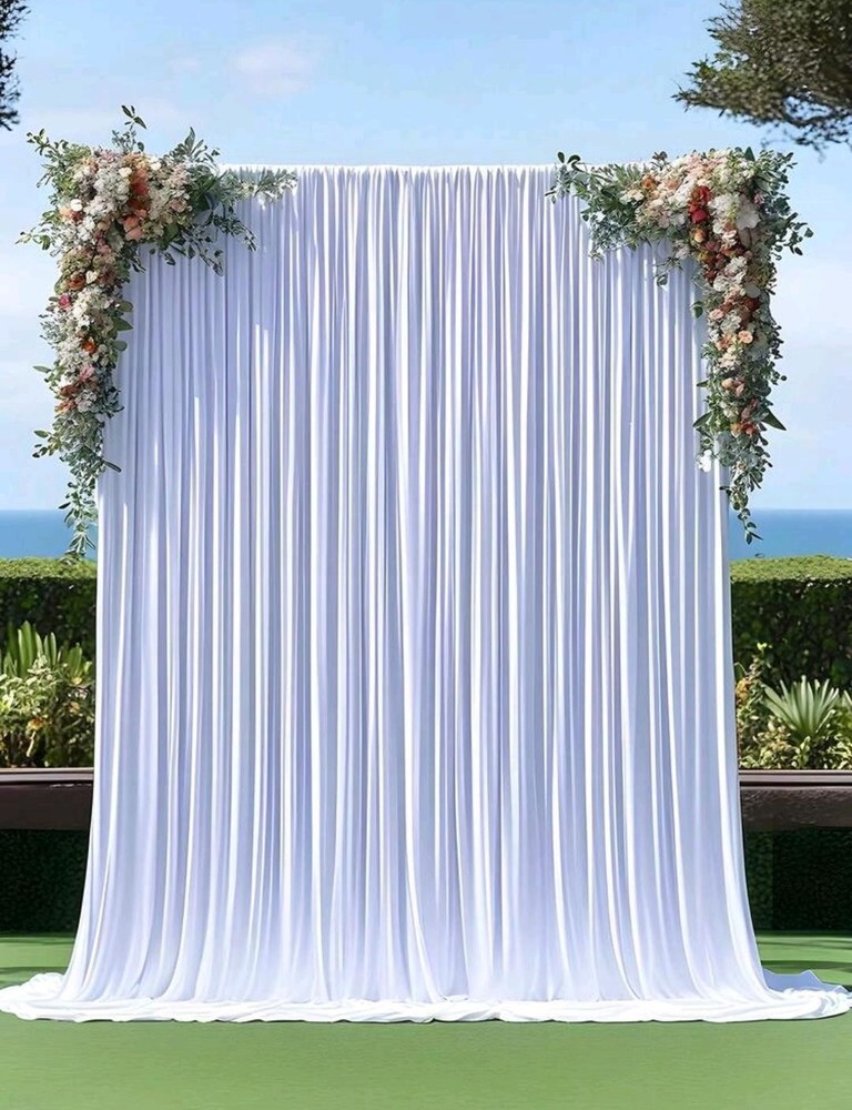 White Wedding Backdrop Drape Curtain, Pleated Solid Rectangle w/ Floral Swag