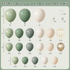 Amandir 173Pcs Dusty Green White Sand 18″ / 12″ / 10″ / 5″, Olive