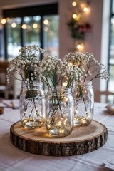 3 Ball Mason Jar Rustic Wedding Centerpiece Vase with Flowers and Lights