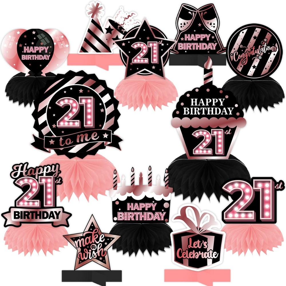 Happy 21st Birthday Rose Gold and Black Table Honeycomb Centerpieces Balloons…