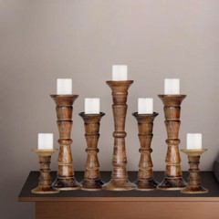 Traditional Handmade Eco-Friendly Mango Wood Set Of Seven Pillar Candle Holder