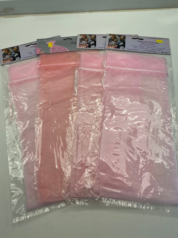 Lot of 8 Pink Large Drawstring Organza Pouches 5 3/4″x 14″ 4 packs 2 per pack