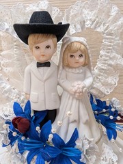 NEW Vintage Lefton Western Wedding Cake Topper Cowboy Bride Floral Lace Heart