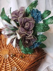 Beaded Flower Wedding Bridal Bouquet W/White Blue Purple Handmade Flowers
