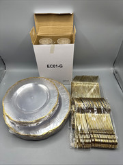 180pcs Tablesetting Clear Plastic Plates with Gold Trim Setting for 30 Guests