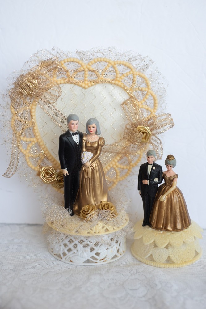 9″ & 5″ Vtg 80s Plastic 50th Anniversary Gold Bakery Crafts Wedding Cake Toppers