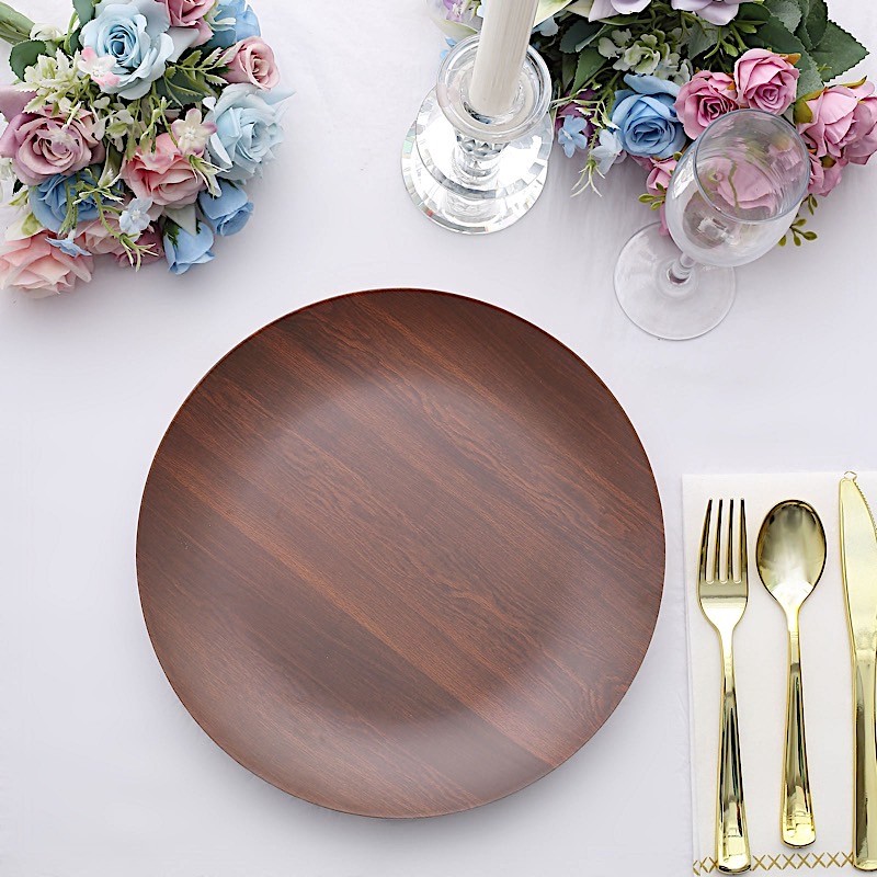 6 BROWN 10″ Round Wood Grain Design Heavy Duty Plastic PLATES Party Decorations
