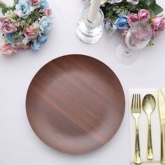 6 BROWN 10″ Round Wood Grain Design Heavy Duty Plastic PLATES Party Decorations