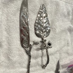 Silver Botanical Metal Cake Knife & Server Set, Glossy Finish, 2-Piece
