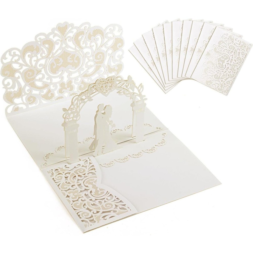 Bajayvovo 10 Piece Laser Cut Wedding Pop Up Card Invitation with Envelope Ivory