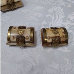 Vintage Wedding Ring Box Pair Carved Bovine Ox Bone Brass Trinket Chest Set 2pc