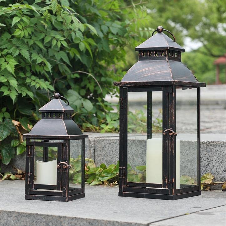 NEEDOMO Lanterns Decorative Outdoor&Indoor, Set of 17″ & 11″ / Glass, Bronze