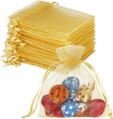 100pcs Little Gold Organza Bags 3 x 4 inch, Mesh Jewelry Pouches Drawstring Empt
