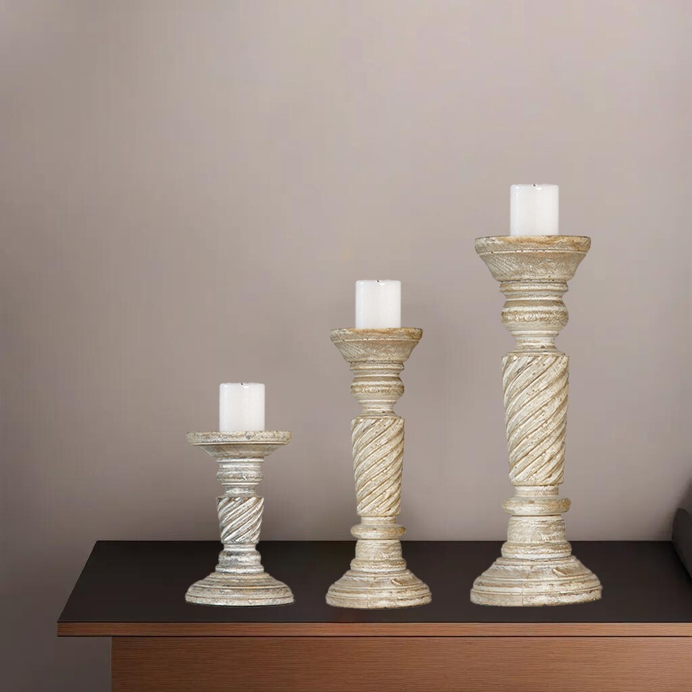 Handmade Traditional Antique White Eco-Friendly Set Of Three Pillar CandleHolder