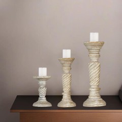 Handmade Traditional Antique White Eco-Friendly Set Of Three Pillar CandleHolder