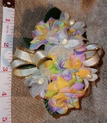 NEW 5″ Artificial Pastel Rainbow Rose Wrist Corsage W/Pearl Accents Gold Bow