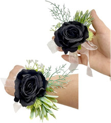 Black Rose Wrist Corsage and Boutonniere Set for Weddings and Prom Events