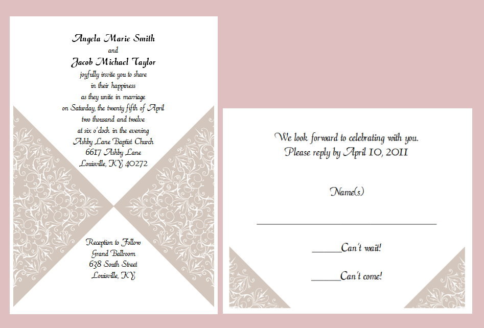 100 Personalized Custom Taupe Damask Wedding Invitations Set